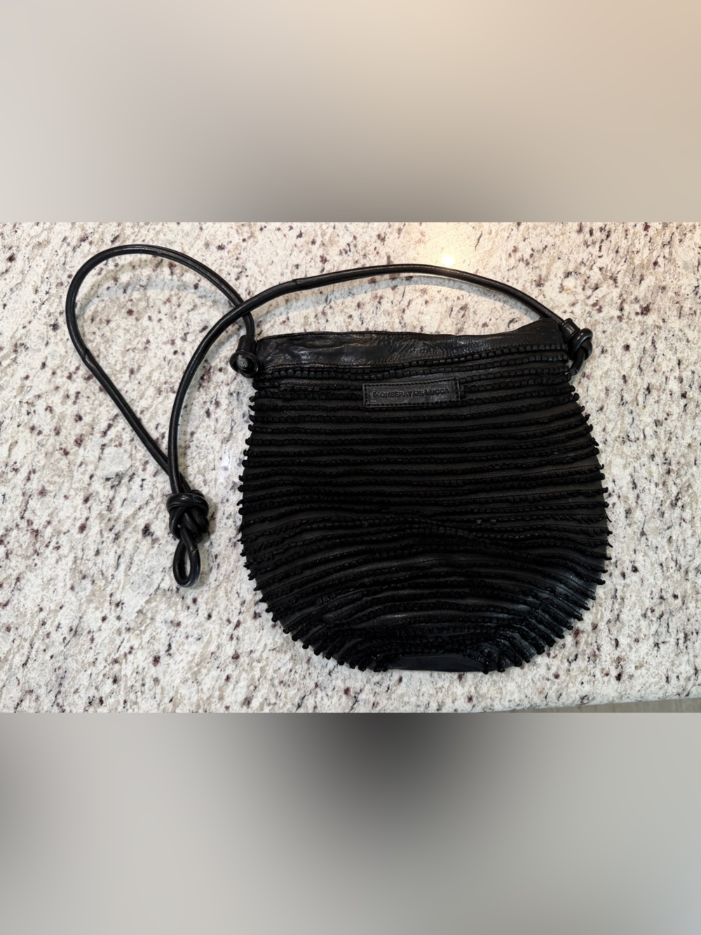 Monserat De Lucca Black Leather Textured Shoulder Bag Knot Detail